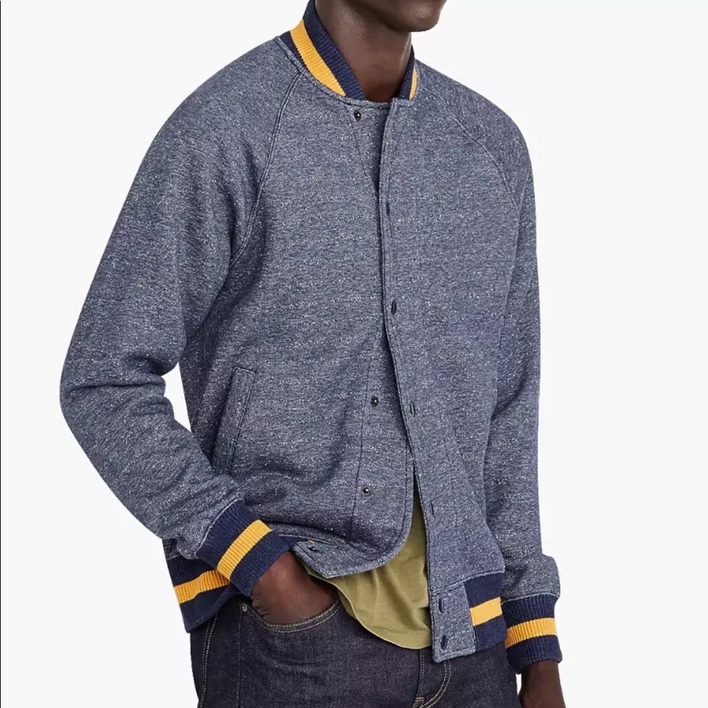 J. Crew Blue Heathered Bomber Jacket with Yellow Trim